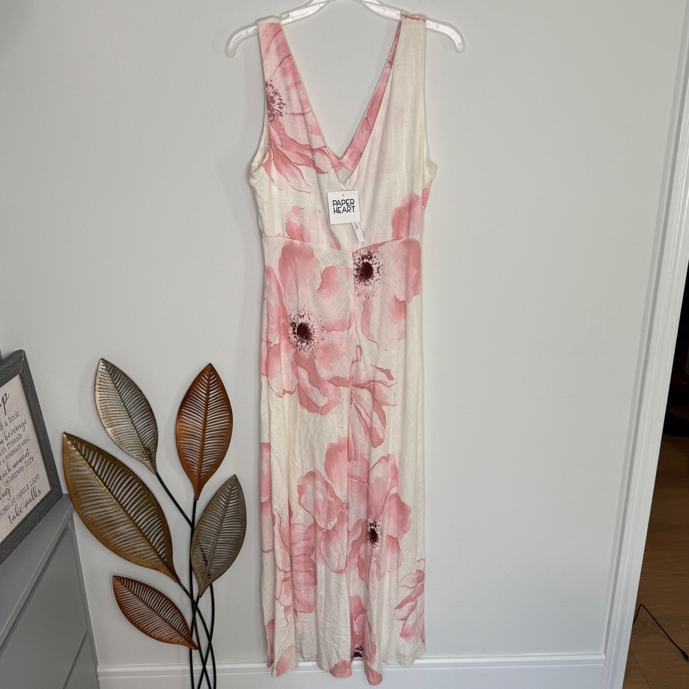 Paper Heart Pink Floral Linen Blend V-Neck Maxi Dress White Cottagecore Garden L - Picture 3 of 5